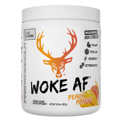 Bucked Up Woke AF All Natural Pre Workout Peach Mango in a white container with black and orange lettering 