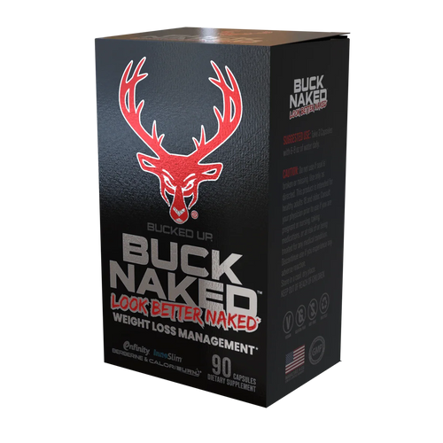 Bucked Up Buck Naked Look Better Naked metabolism and energy support capsules, 90-count, with red deer logo on black premium packaging designed for body composition and performance goals.