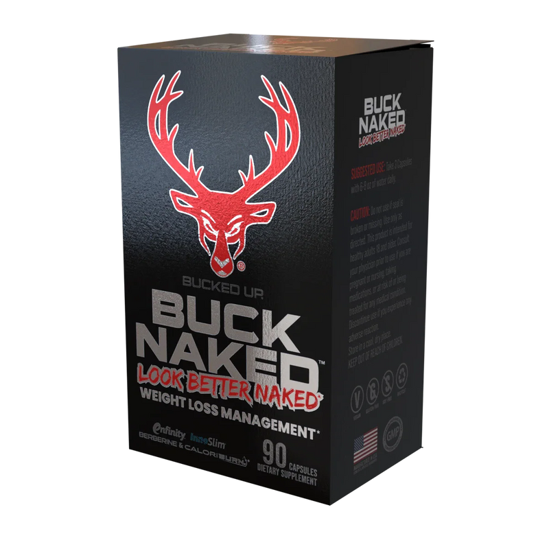 Bucked Up Buck Naked Look Better Naked metabolism and energy support capsules, 90-count, with red deer logo on black premium packaging designed for body composition and performance goals.