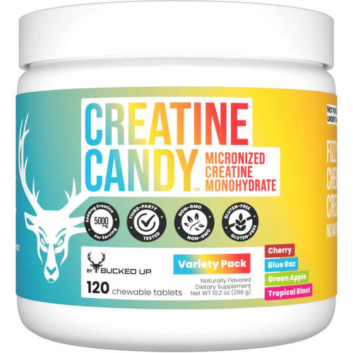 Bucked Up Creatine Candy monohydrate supplement in a variety pack 