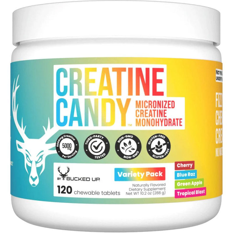 Bucked Up Creatine Candy monohydrate supplement in a variety pack 