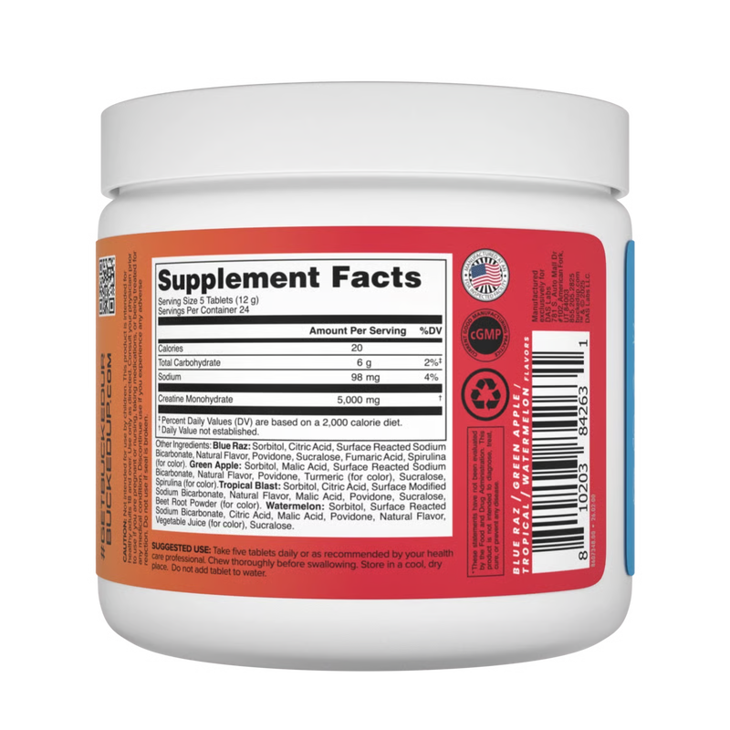 Bucked Up Creatine Candy Supplement Facts label.
