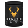 Container of Bucked Up Pre Workout Supplement with a black background featuring a white graphic of a deer head with Orange colors for Killa OJ Flavor and text that reads 'BUCKED UP'.