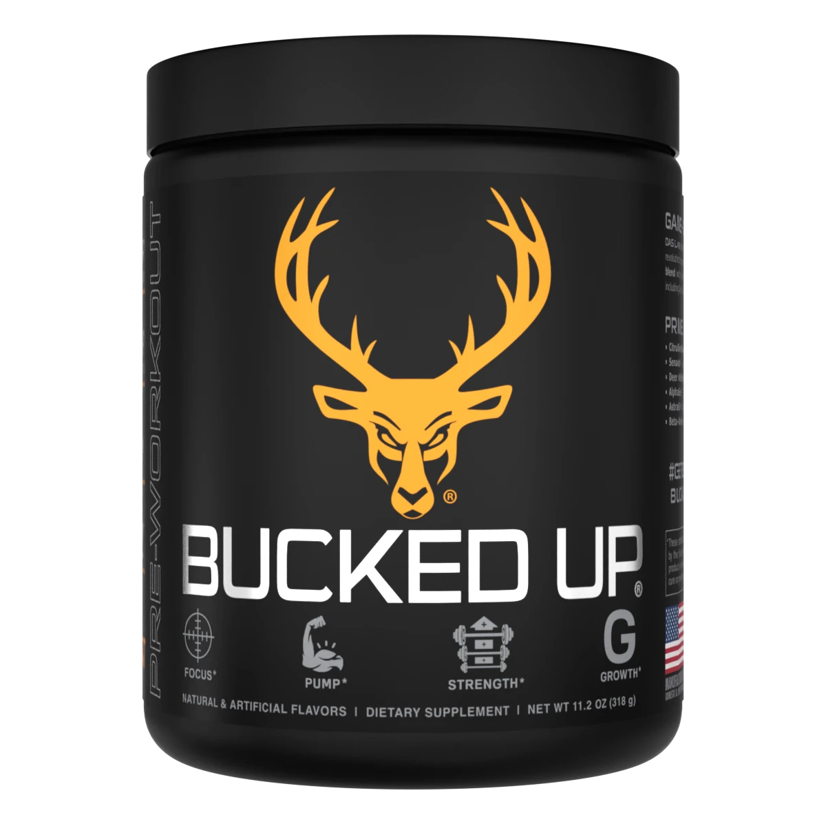 Container of Bucked Up Pre Workout Supplement with a black background featuring a white graphic of a deer head with Orange colors for Killa OJ Flavor and text that reads 'BUCKED UP'.