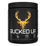 Container of Bucked Up Pre Workout Supplement with a black background featuring a white graphic of a deer head with Orange colors for Killa OJ Flavor and text that reads 'BUCKED UP'.