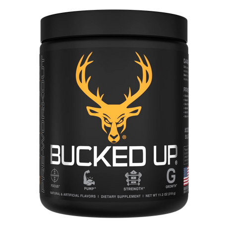 Container of Bucked Up Pre Workout Supplement with a black background featuring a white graphic of a deer head with Orange colors for Killa OJ Flavor and text that reads 'BUCKED UP'.