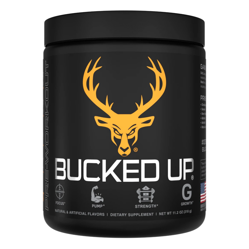 Container of Bucked Up Pre Workout Supplement with a black background featuring a white graphic of a deer head with Orange colors for Killa OJ Flavor and text that reads 'BUCKED UP'.