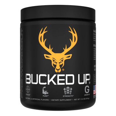 Container of Bucked Up Pre Workout Supplement with a black background featuring a white graphic of a deer head with Orange colors for Killa OJ Flavor and text that reads 'BUCKED UP'.