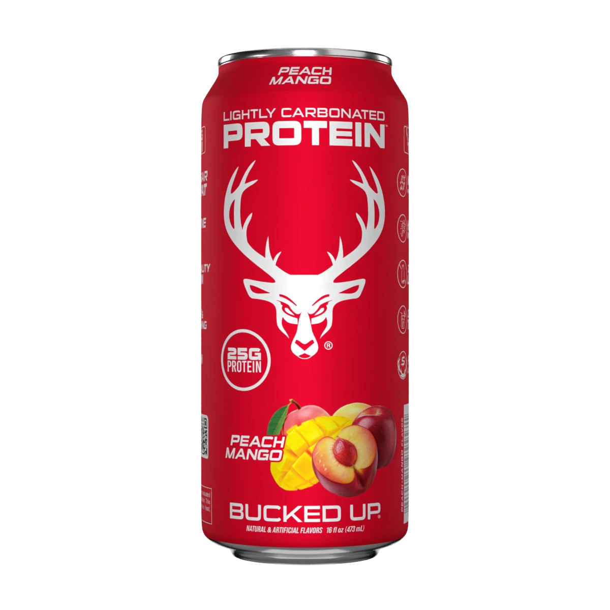 A can of Bucked Up Protein RTD labeled 'Peach Mango' flavor, and indicating 25g of protein, 0g sugar, and 0g fat.
