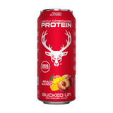 A can of Bucked Up Protein RTD labeled 'Peach Mango' flavor, and indicating 25g of protein, 0g sugar, and 0g fat.