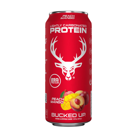 A can of Bucked Up Protein RTD labeled 'Peach Mango' flavor, and indicating 25g of protein, 0g sugar, and 0g fat.