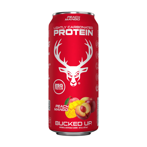 A can of Bucked Up Protein RTD labeled 'Peach Mango' flavor, and indicating 25g of protein, 0g sugar, and 0g fat.