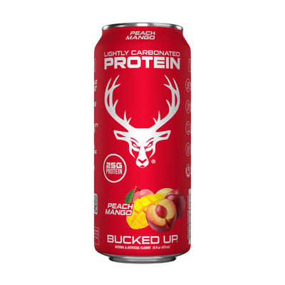 A can of Bucked Up Protein RTD labeled 'Peach Mango' flavor, and indicating 25g of protein, 0g sugar, and 0g fat.