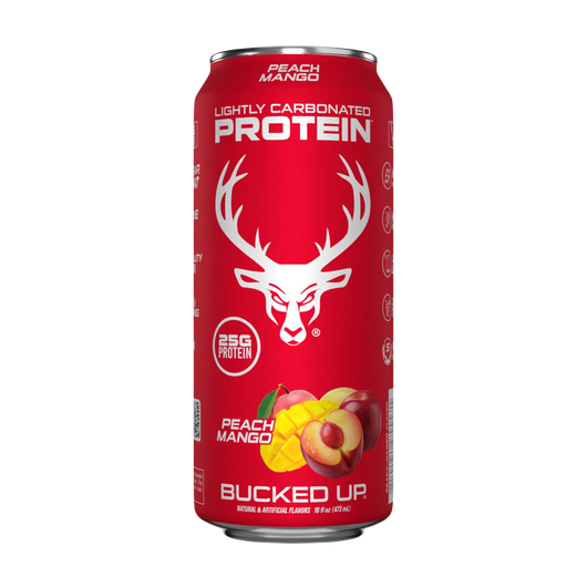 A can of Bucked Up Protein RTD labeled 'Peach Mango' flavor, and indicating 25g of protein, 0g sugar, and 0g fat.