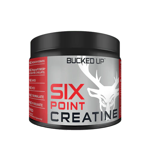 Bucked Up Six Point Creatine powder container – advanced creatine blend with six forms of creatine for strength, endurance, and muscle performance.