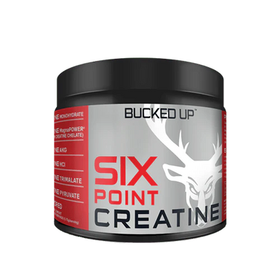 Bucked Up Six Point Creatine powder container – advanced creatine blend with six forms of creatine for strength, endurance, and muscle performance.