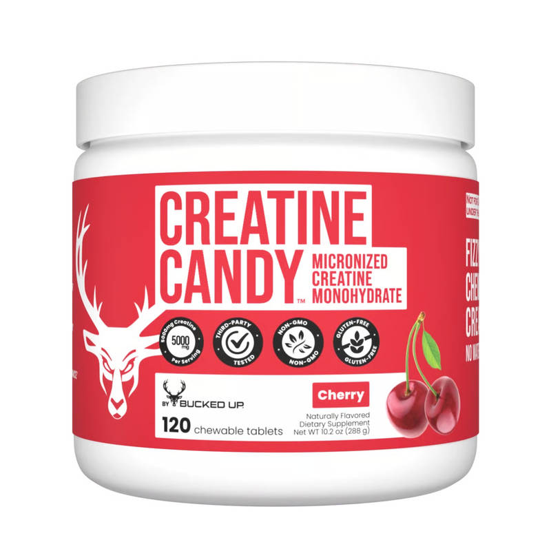 Bucked Up Creatine Candy supplement in Cherry flavor