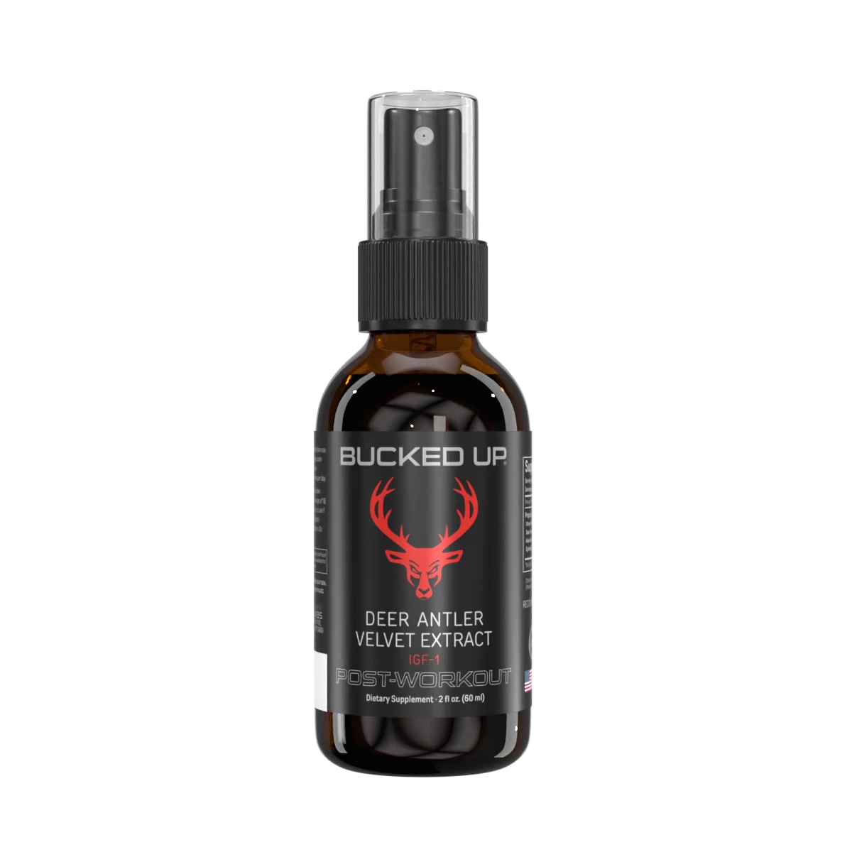 Bucked Up deer antler velvet extract bottle on a white background