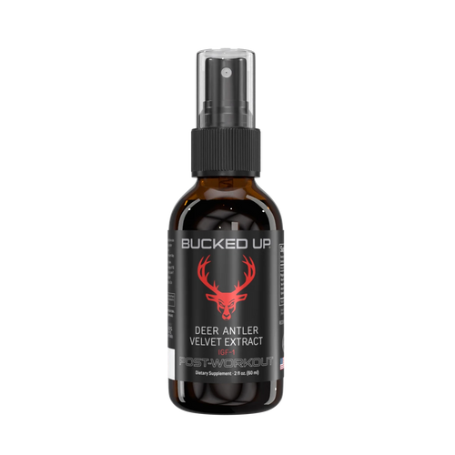 Bucked Up deer antler velvet extract bottle on a white background