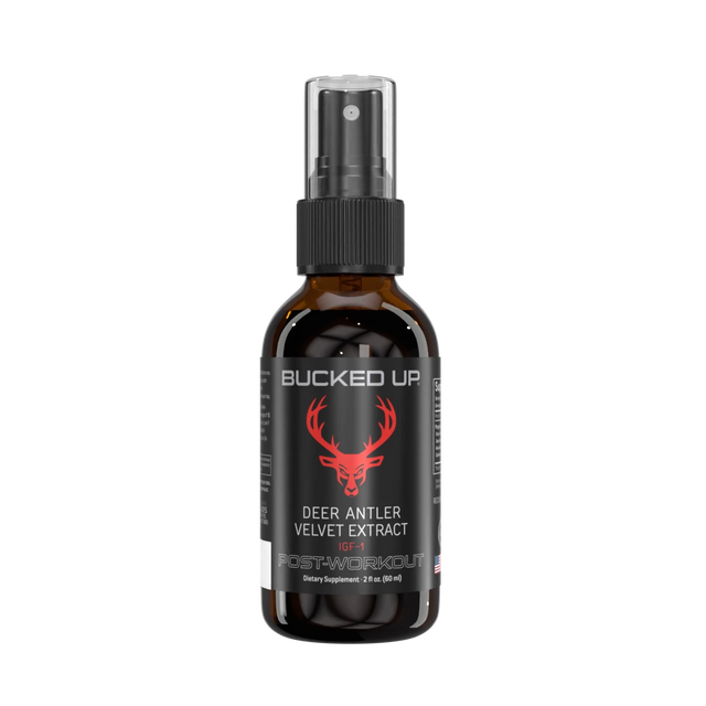 Bucked Up deer antler velvet extract bottle on a white background