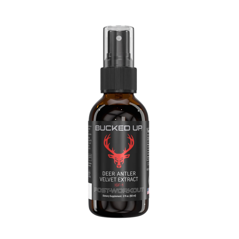 Bucked Up deer antler velvet extract bottle on a white background