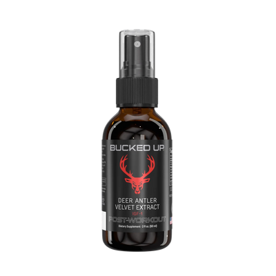 Bucked Up deer antler velvet extract bottle on a white background