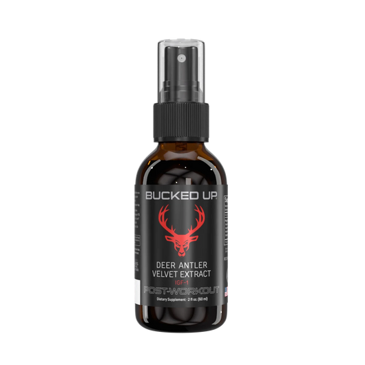 Bucked Up deer antler velvet extract bottle on a white background