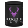 Container of Bucked Up Pre Workout Supplement with a black background featuring a white graphic of a deer head with purple colors for Grape gains Flavor and text that reads 'BUCKED UP'.