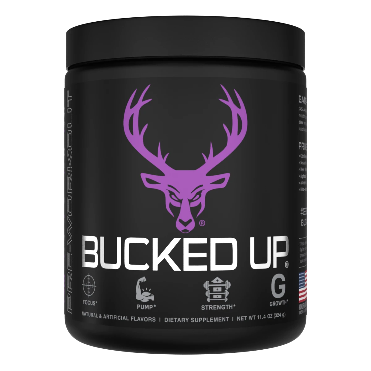 Container of Bucked Up Pre Workout Supplement with a black background featuring a white graphic of a deer head with purple colors for Grape gains Flavor and text that reads 'BUCKED UP'.