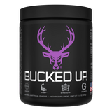 Container of Bucked Up Pre Workout Supplement with a black background featuring a white graphic of a deer head with purple colors for Grape gains Flavor and text that reads 'BUCKED UP'.