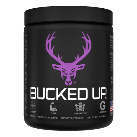 Container of Bucked Up Pre Workout Supplement with a black background featuring a white graphic of a deer head with purple colors for Grape gains Flavor and text that reads 'BUCKED UP'.