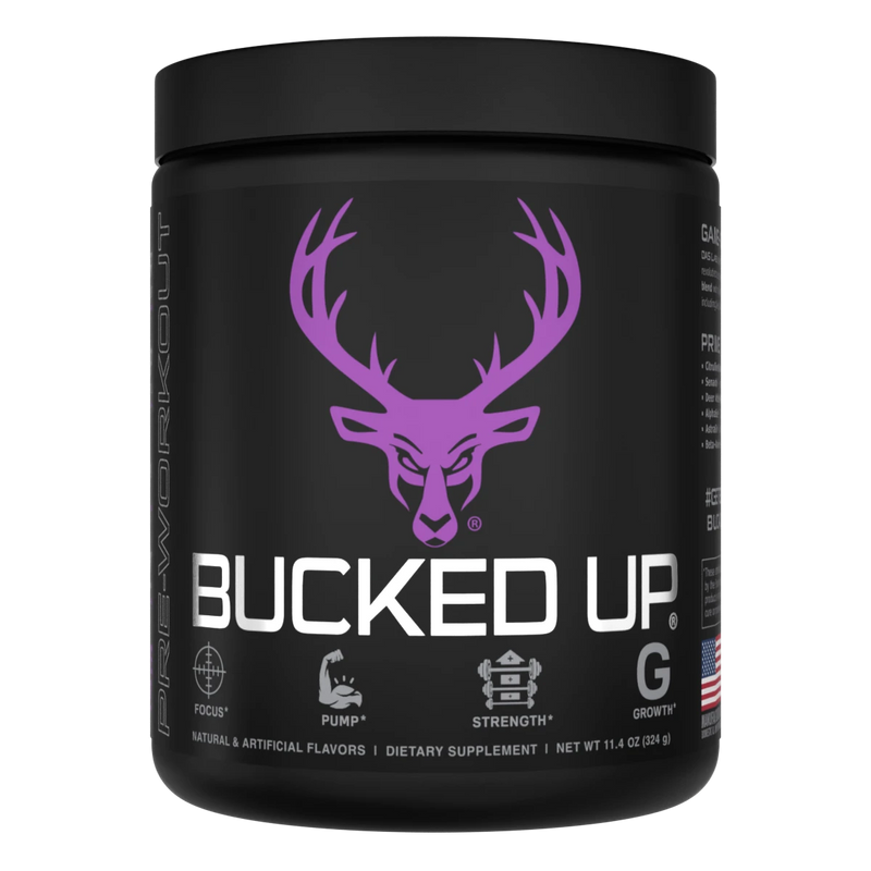 Container of Bucked Up Pre Workout Supplement with a black background featuring a white graphic of a deer head with purple colors for Grape gains Flavor and text that reads 'BUCKED UP'.