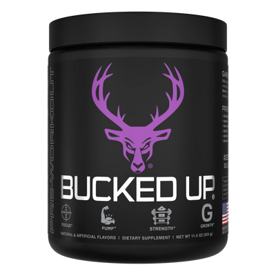 Container of Bucked Up Pre Workout Supplement with a black background featuring a white graphic of a deer head with purple colors for Grape gains Flavor and text that reads 'BUCKED UP'.