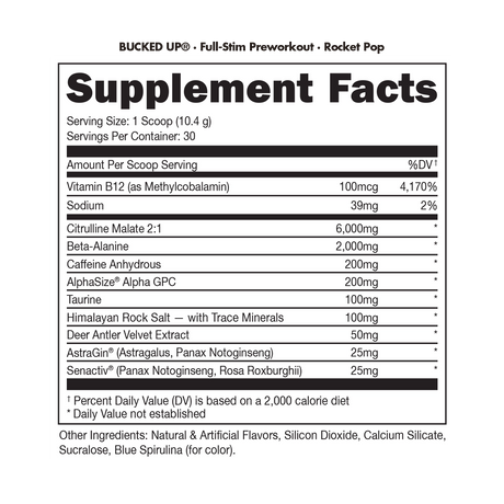 Bucked Up Pre-workout Supplement Fact Panel