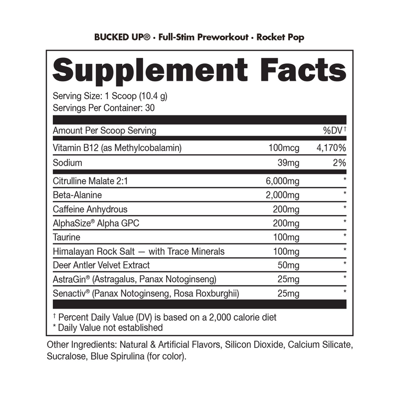 Bucked Up Pre-workout Supplement Fact Panel