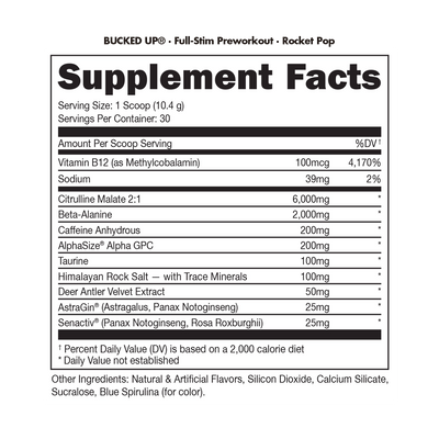 Bucked Up Pre-workout Supplement Fact Panel
