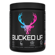 Container of Bucked Up Pre Workout Supplement with a black background featuring a white graphic of a deer head with Miami Flavor and text that reads 'BUCKED UP'.