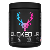 Container of Bucked Up Pre Workout Supplement with a black background featuring a white graphic of a deer head with Miami Flavor and text that reads 'BUCKED UP'.