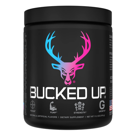 Container of Bucked Up Pre Workout Supplement with a black background featuring a white graphic of a deer head with Miami Flavor and text that reads 'BUCKED UP'.