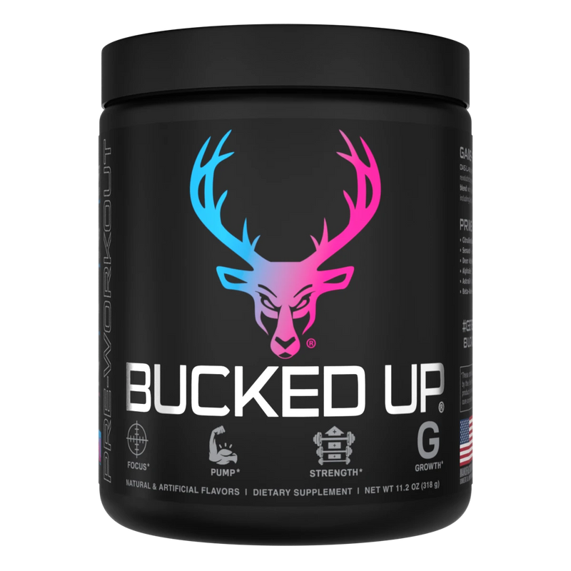 Container of Bucked Up Pre Workout Supplement with a black background featuring a white graphic of a deer head with Miami Flavor and text that reads 'BUCKED UP'.