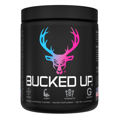 Container of Bucked Up Pre Workout Supplement with a black background featuring a white graphic of a deer head with Miami Flavor and text that reads 'BUCKED UP'.