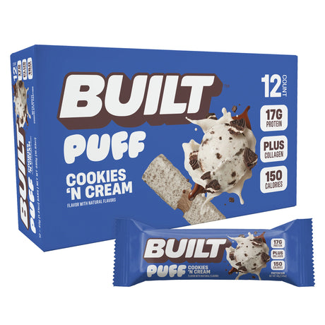 Box of Built Puff Cookies 'N Cream protein bars with a single bar in front on a white background