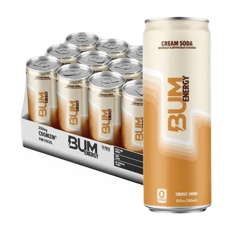 Bum Energy Cream Soda cans with a 12-pack box.