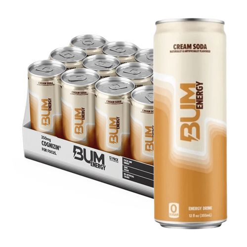 Bum Energy Cream Soda cans with a 12-pack box.