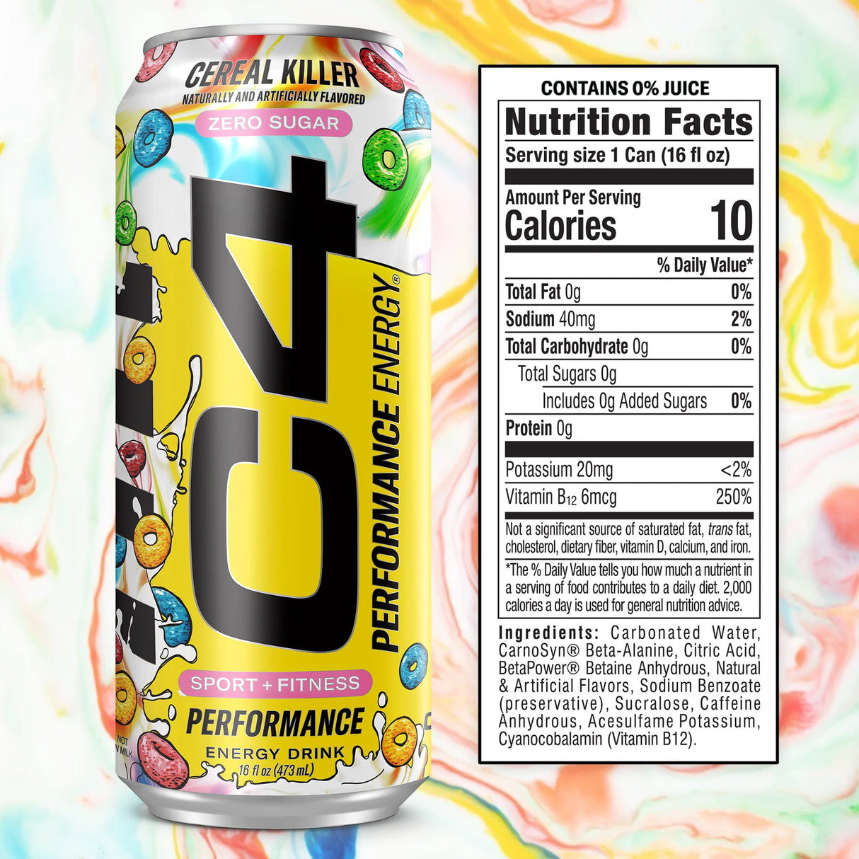 Cereal Killer C4 Energy Drink can with colorful label and nutrition facts panel on a multicolored background