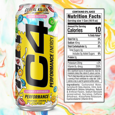 Cereal Killer C4 Energy Drink can with colorful label and nutrition facts panel on a multicolored background