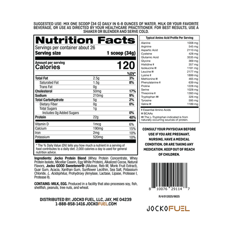 Ingredients and Macros Nutrition Panel for Jocko Fuel Molk Whey Protein Powder Supplement in Chocolate Milkshake