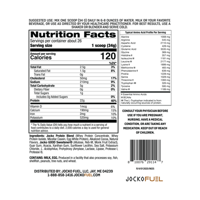 Ingredients and Macros Nutrition Panel for Jocko Fuel Molk Whey Protein Powder Supplement in Chocolate Milkshake