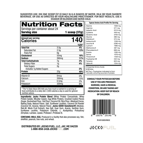 Jock Molk Protein Powder Cookies and Cream ingredients and macros nutrition panel