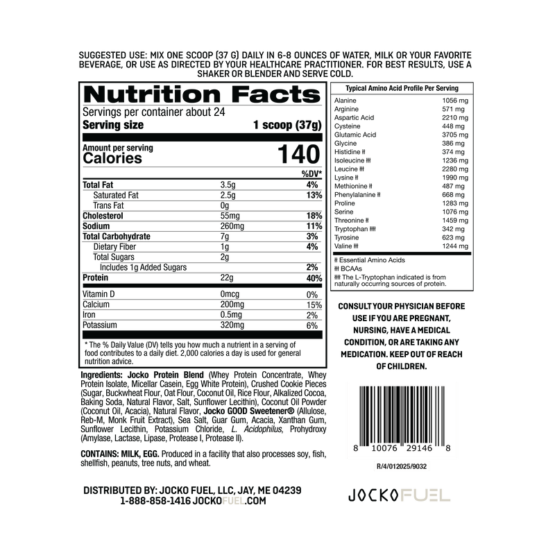 Jock Molk Protein Powder Cookies and Cream ingredients and macros nutrition panel